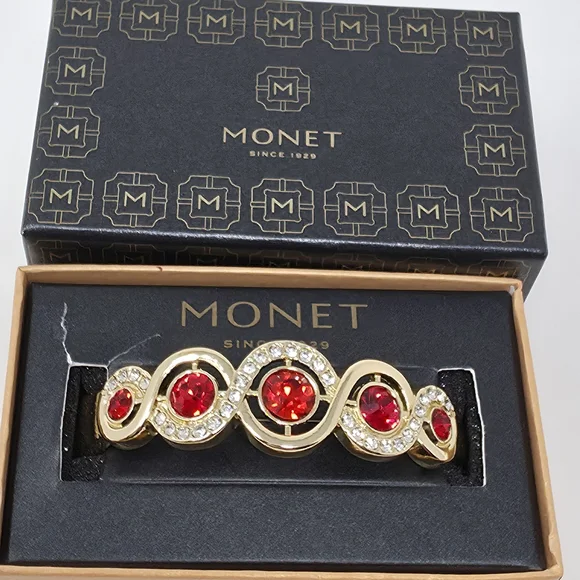 Monet Gold Tone Red Rhinestone Crystal Bangle Bracelet NIB - Picture 6 of 11